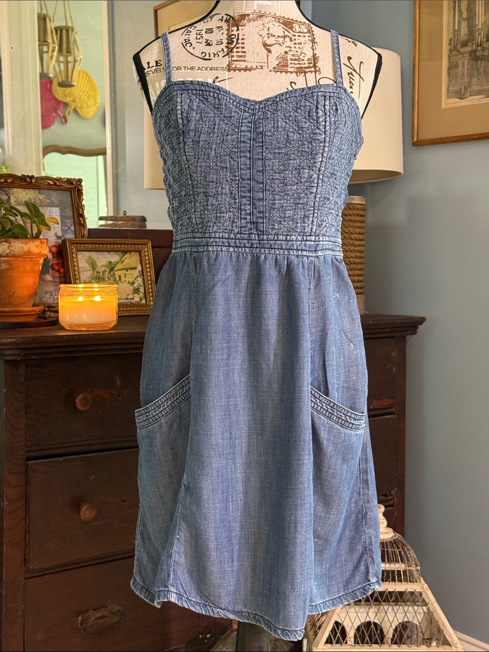 American Eagle Outfitters Chambray Blue Smocked Pocket Sundress - Picture 5 of 14